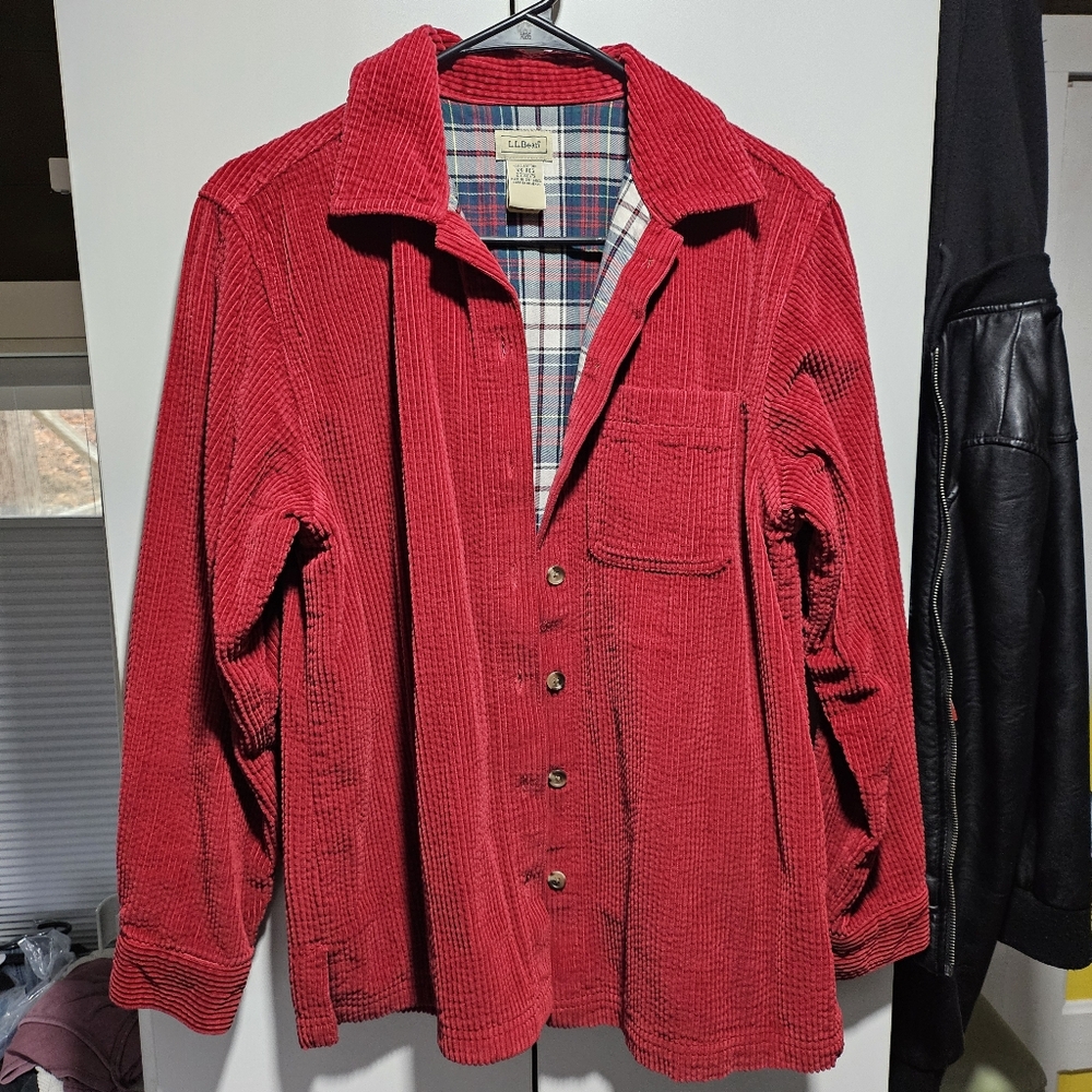 L.L Bean Burgundy Wine Lined Corduroy Top Button Up Down Shirt Plaid 100% Cotton